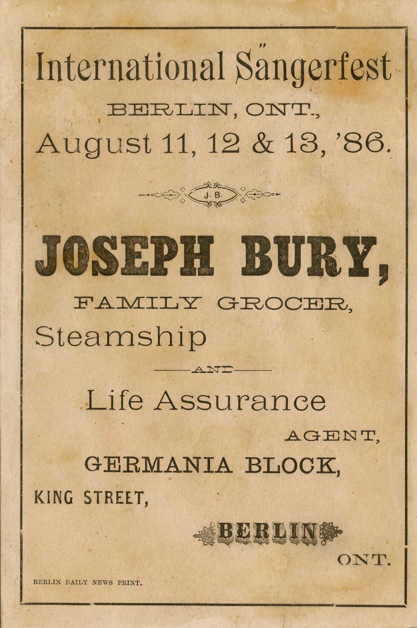 Joseph Bury Family Grocer advertizement 1886