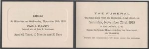 Emma Davey, wife of John R. Kaufmann Funeral Card