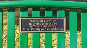 William John Gisby's bench at Williamsburg Cemetery.