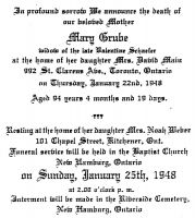 Funeral Card of Mary Gruber Schaefer