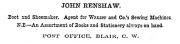 John Renshaw 1867 advertisement